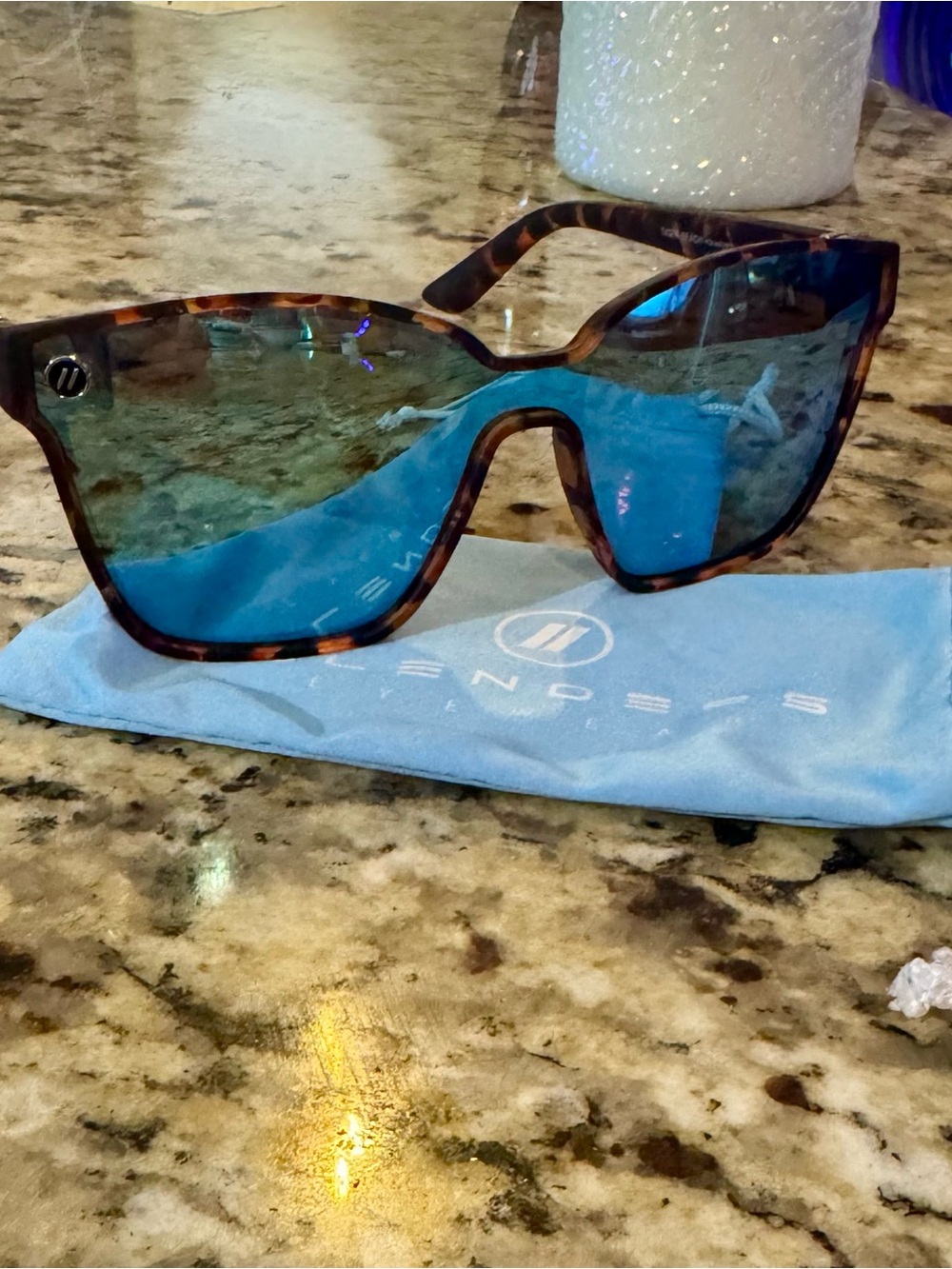 Tortoiseshell Shield Sunglasses with Blue Mirrored Lenses